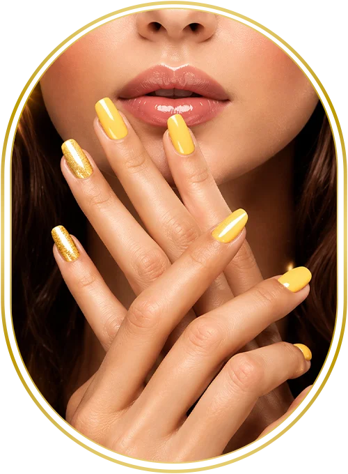 Close-up of a woman with glossy lips and yellow manicured nails
