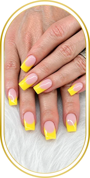 Pink and yellow French-tip style manicure