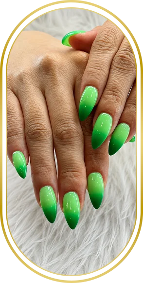 Bright green manicure on long almond-shaped nails