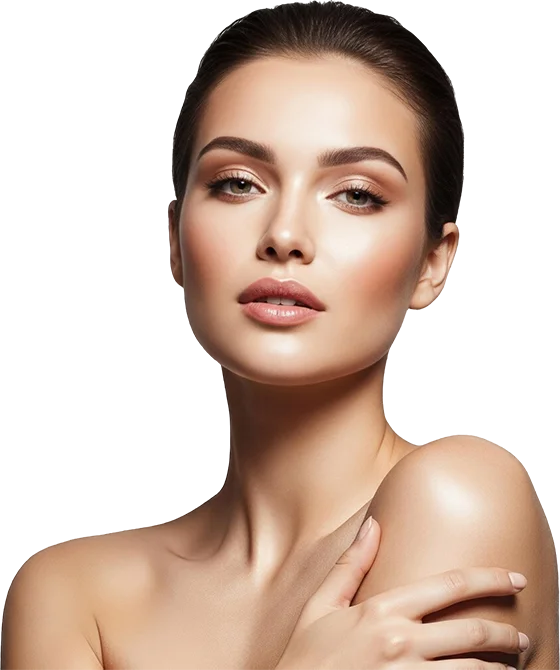 Beauty portrait of a woman with styled makeup and bare shoulders