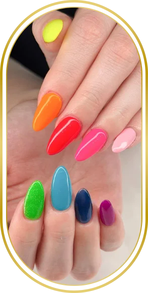Close-up of bright orange, coral, pink, and pastel nail polish colors