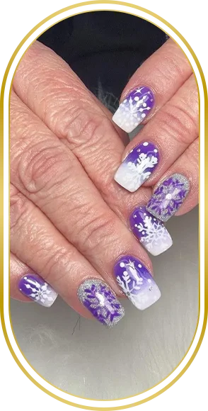 Purple and white glitter manicure on natural nails