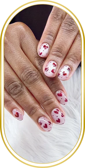 White manicure with pink and red floral nail art