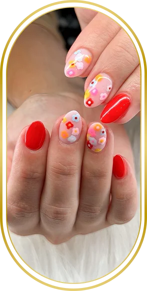 Bright red nails with colorful floral accent nail designs